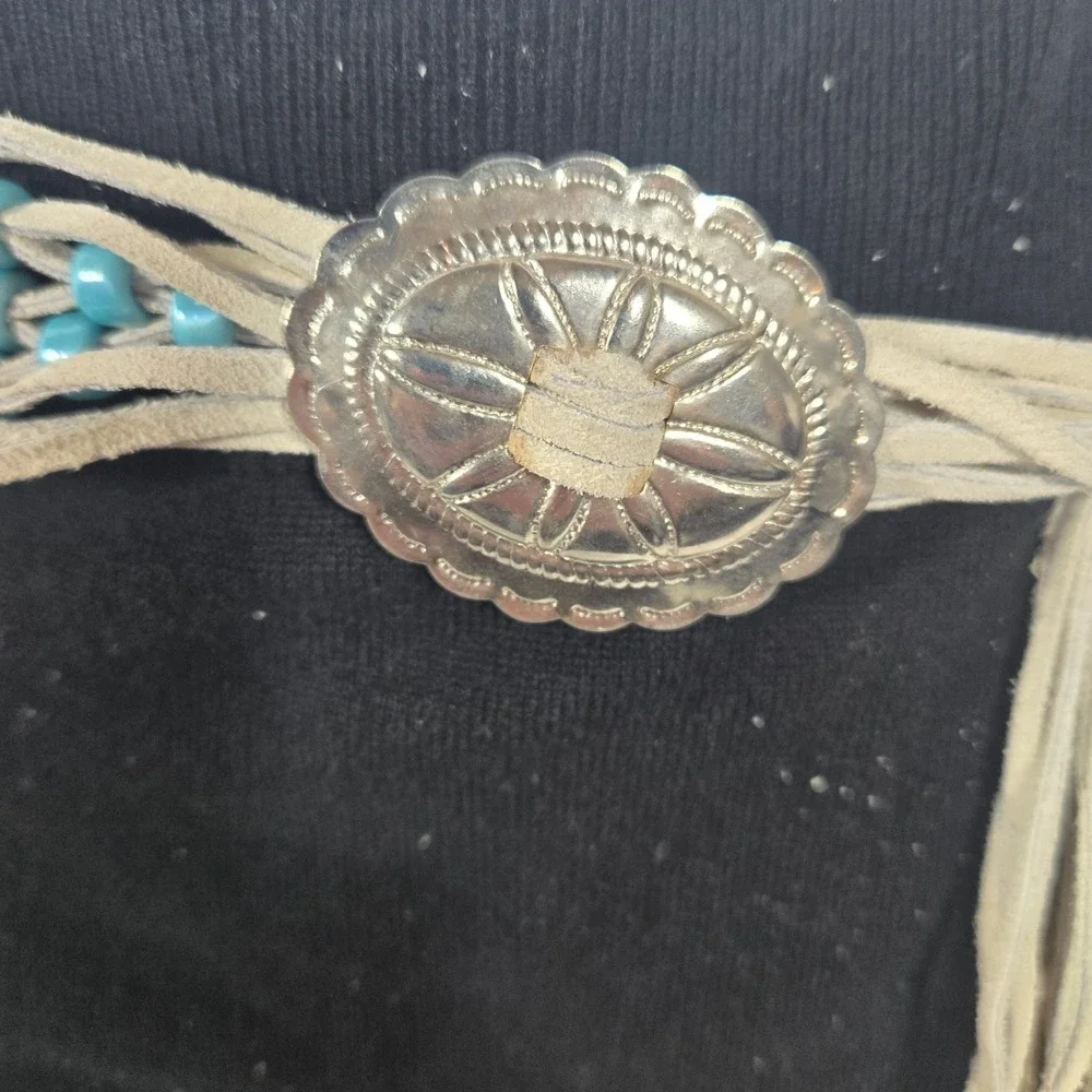 Southwestern Suede Tie Belt Turquoise Color Bead Silver Tone Concho Fringe Boho